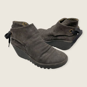 Fly London Yama Gray Suede Lace Up Back 3" Wedge Heel Ankle Boot 39 10